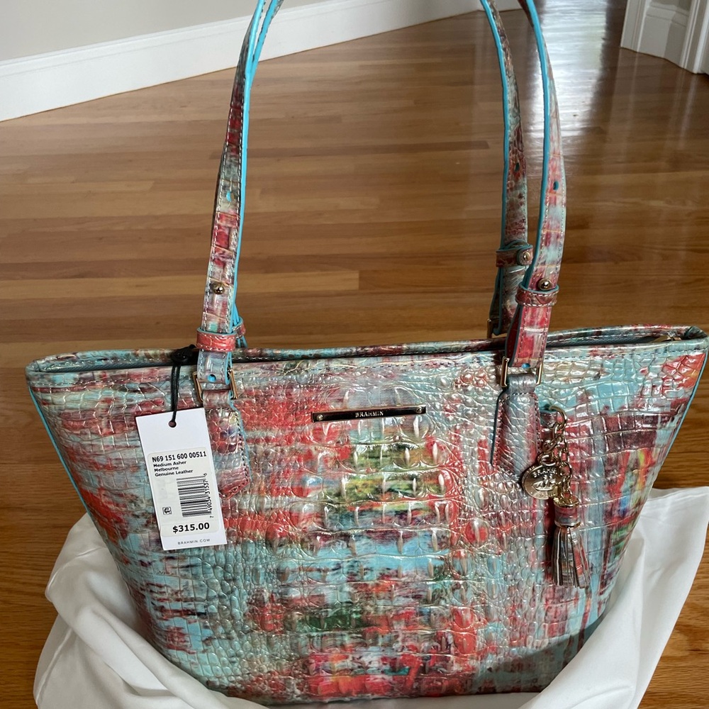 Brahmin Red and Blue Shoulder Bag with Artistic Texture